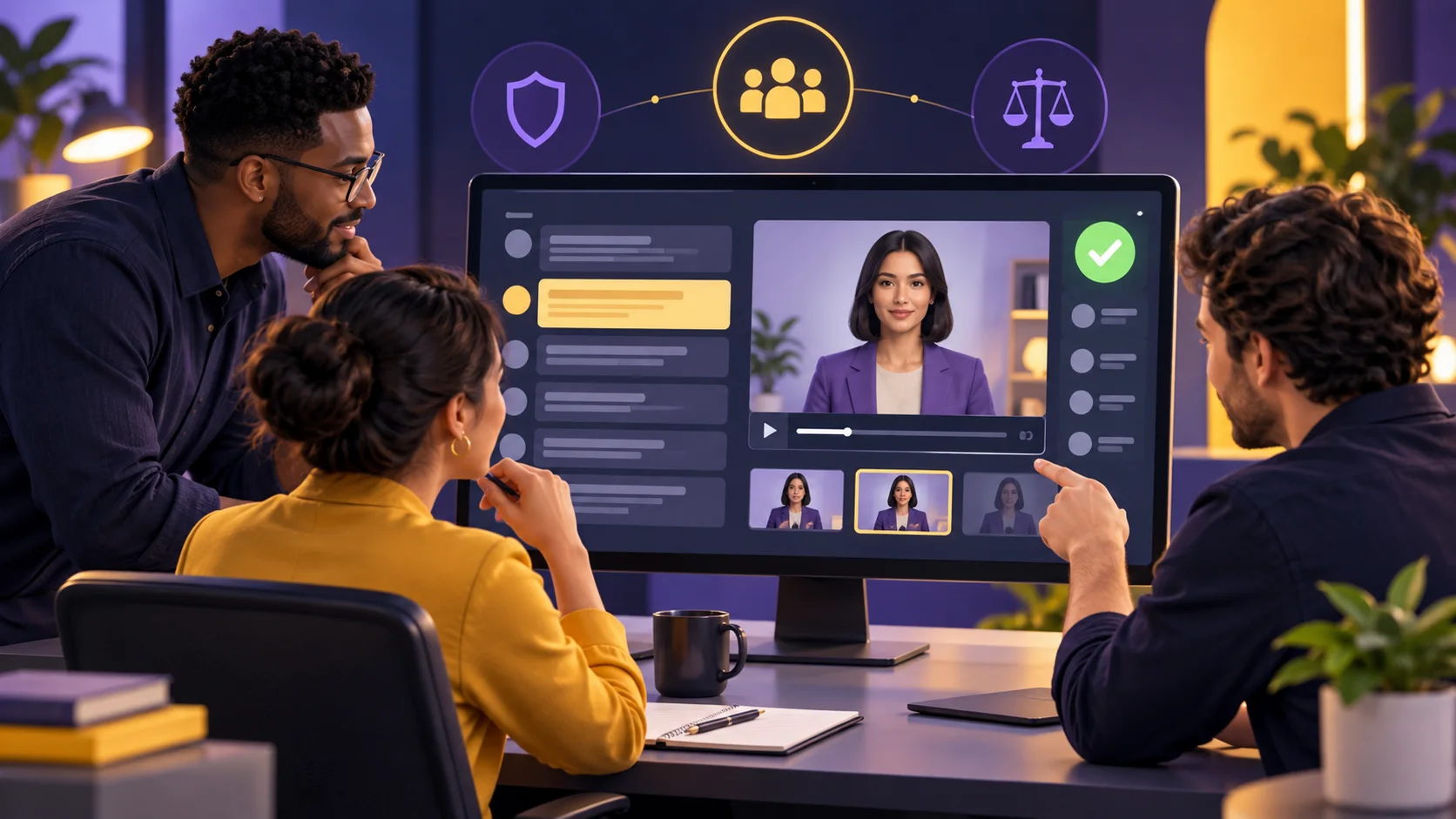 Equipe revisa roteiro e prévia de vídeo apresentado por um avatar digital.