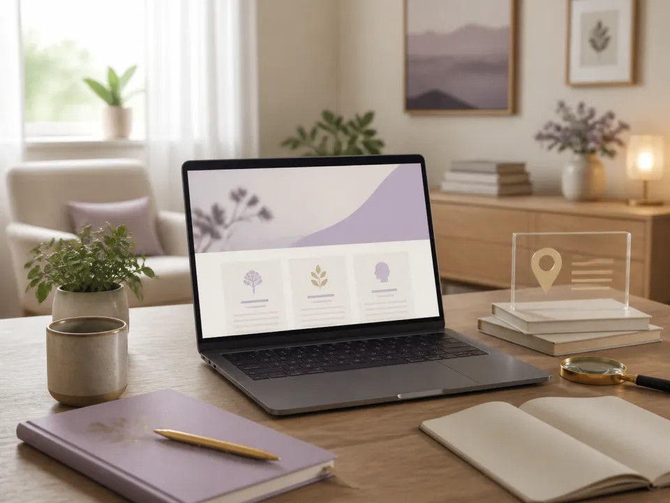 Ambiente acolhedor com notebook representando a presença digital de uma clínica de psicologia
