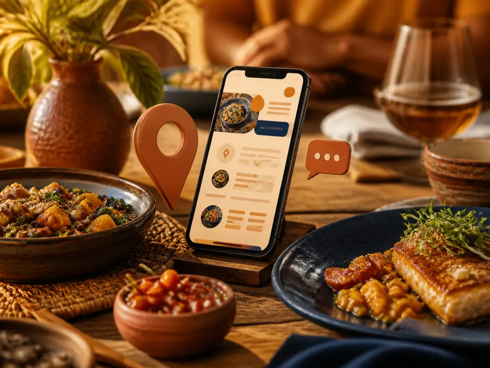 Mesa gastronômica com celular representando cardápio, localização e contato digital